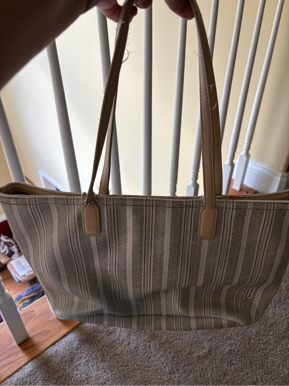 2012 COACH Legacy Weekend Ticking Stripe Zip Tote Bag Grey Coated Canvas 23108